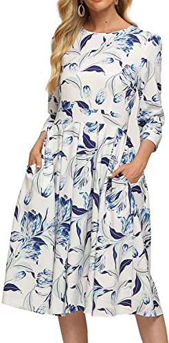 FELOVE Damen Cocktailkleid Vintage Elegant Party Knielang Rundhalsausschnitt Blumen Faltenrock Retro Rockabilly 1950er A-Line Midilang 3/4 Ärmel Abendkleider festlich Ballkleid Brautjungfernkleider von FELOVE