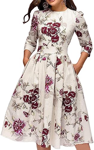 FELOVE Damen Cocktailkleid Vintage Elegant Party Knielang Rundhalsausschnitt Blumen Faltenrock Retro Rockabilly 1950er A-Line Midilang 3/4 Ärmel Abendkleider festlich Ballkleid Brautjungfernkleider von FELOVE