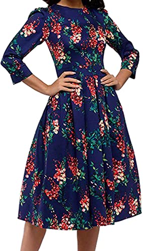 FELOVE Damen Cocktailkleid Vintage Elegant Party Knielang Rundhalsausschnitt Blumen Faltenrock Retro Rockabilly 1950er A-Line Midilang 3/4 Ärmel Abendkleider festlich Ballkleid Brautjungfernkleider von FELOVE