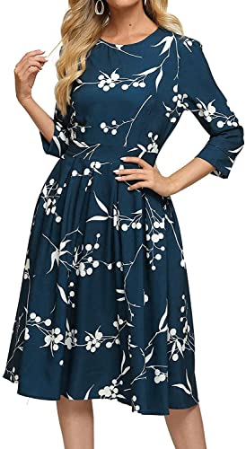 FELOVE Damen Cocktailkleid Vintage Elegant Party Knielang Rundhalsausschnitt Blumen Faltenrock Retro Rockabilly 1950er A-Line Midilang 3/4 Ärmel Abendkleider festlich Ballkleid Brautjungfernkleider von FELOVE