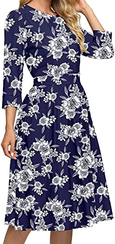 FELOVE Damen Cocktailkleid Vintage Elegant Party Knielang Rundhalsausschnitt Blumen Faltenrock Retro Rockabilly 1950er A-Line Midilang 3/4 Ärmel Abendkleider festlich Ballkleid Brautjungfernkleider von FELOVE