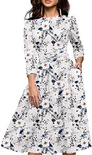 FELOVE Damen Cocktailkleid Vintage Elegant Party Knielang Rundhalsausschnitt Blumen Faltenrock Retro Rockabilly 1950er A-Line Midilang 3/4 Ärmel Abendkleider festlich Ballkleid Brautjungfernkleider von FELOVE