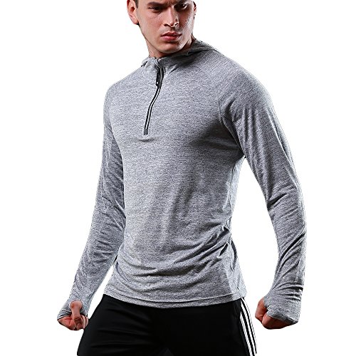 FELiCON Herren Zip Langarm Kapuzen T-Shirt Schnell trocknend Warm-up Sweatshirt Laufen Jogging Top T Herrenbekleidung Base Layer Sportswear Hoodie-(Hellgrau,S) von FELiCON