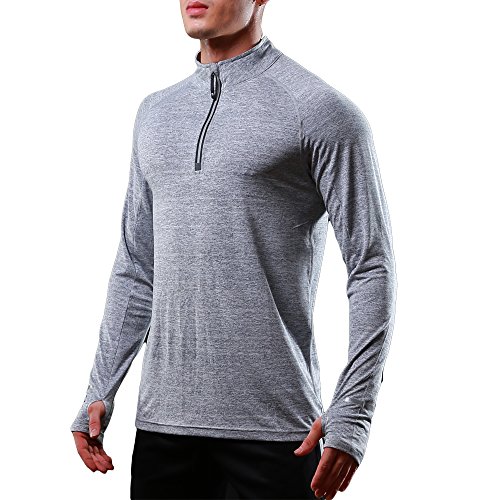 Herren Langarm Laufshirt, Schnelltrocknendes Funktions Sweatshirt, Base Layer Sportshirt, Reißverschluss am Stehkragen, Daumenlöcher, Reißverschlusstasche für Outdoor Fitness Wandern (Hellgrau;L) von FELiCON