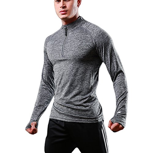 Herren Langarm Laufshirt, Schnelltrocknendes Funktions Sweatshirt, Base Layer Sportshirt, Reißverschluss am Stehkragen, Daumenlöcher, Reißverschlusstasche für Outdoor Fitness Wandern (Dunkelgrau;S) von FELiCON