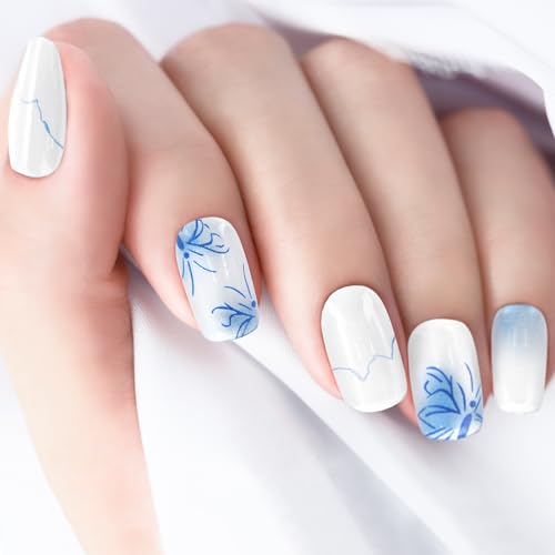 FEMBW 30 Stück Press On Nails Kurz Eckig, Nägel zum Aufkleben mit Jelly-Gel, Glänzende Cat Eye Quadratisch, Künstliche Nägel für Frauen Mädchen Nail Art Maniküre(Farbverlauf Blau) von FEMBW