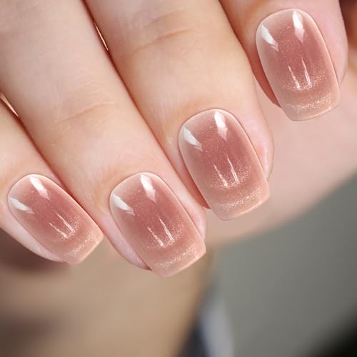 FEMBW 30 Stück Press On Nails Kurz Eckig, Nägel zum Aufkleben mit Jelly-Gel, Glänzende Cat Eye Quadratisch, Künstliche Nägel für Frauen Mädchen Nail Art Maniküre(Nackt Rosa) von FEMBW