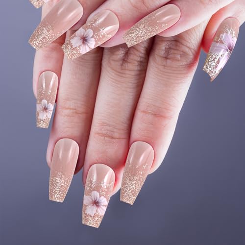 FEMBW Press on Nails, 24 Stück Squoval Nude Natürlich Fake Nails mit Nagelkleber, Kreative Blühende Blumen mit Glitzern, Nägel zum Aufkleben mit Nagelfeile für Frauen FEMBW Press on Nails, 24 Stück Squoval Nude Natürlich Fake Nails mit Nagelkleber, Kreative Blühende Blumen mit Glitzern, Nägel zum Aufkleben mit Nagelfeile für Frauen von FEMBW