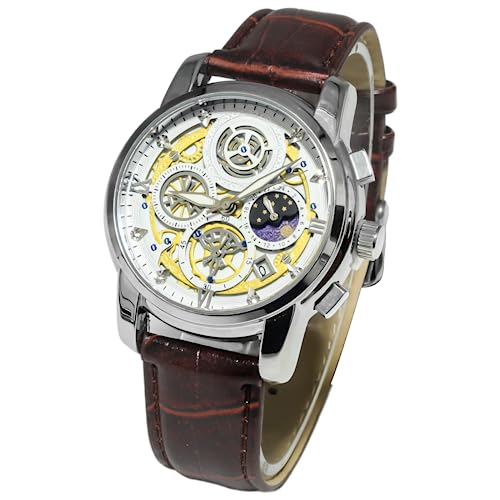 FEMBW Stilvolle Armbanduhr Herren Chronograph Quarzuhr mit DREI Zeigern und Datumsanzeige，Edelstahlarmband oder Leder Strap (Brauner Gürtel mit Silberner Muschel und Weißer Oberfläche) von FEMBW