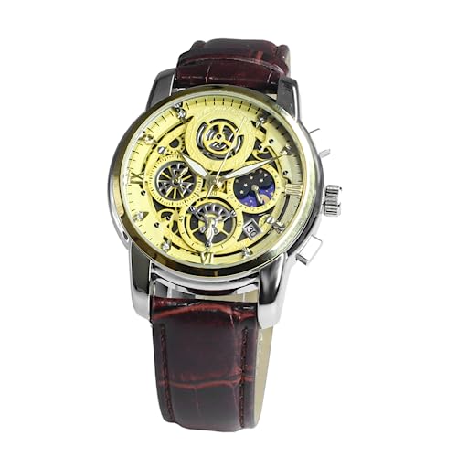 FEMBW Stilvolle Armbanduhr Herren Chronograph Quarzuhr mit DREI Zeigern und Datumsanzeige，Edelstahlarmband oder Leder Strap (Mittlerer Brauner Ledergürtel mit Goldener Schale und Goldenem Gesicht) von FEMBW