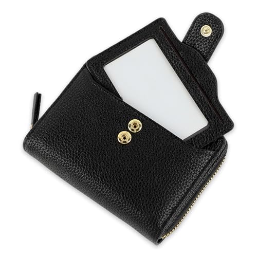 FEMONGY Kleines Portemonnaie Damen, Portemonnaie Damen klein, Ledergeldbörse mit zugänglichem, separatem Kartenhalter und Münzfach mit Reißverschluss, Mehrere Fächer, Schwarz von FEMONGY