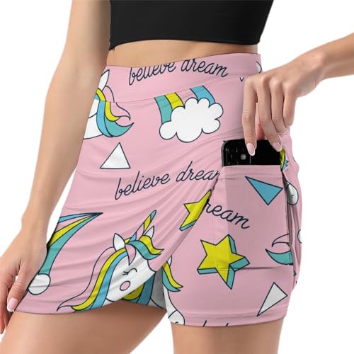 FENAC Regenbogen Einhorn Damen Tennisrock Mit Hose Minirock Golfrock Hosenrock Sommerrock Tennis Skort Laufrock Mit Taschen von FENAC