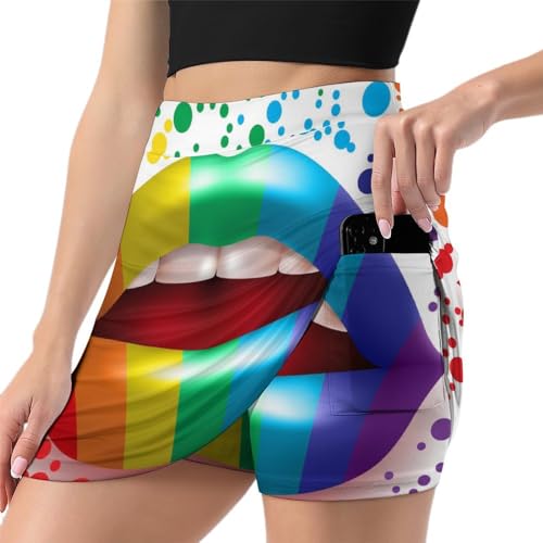 FENAC Regenbogen Lippen Damen Tennisrock Mit Hose Minirock Golfrock Hosenrock Sommerrock Tennis Skort Laufrock Mit Taschen von FENAC