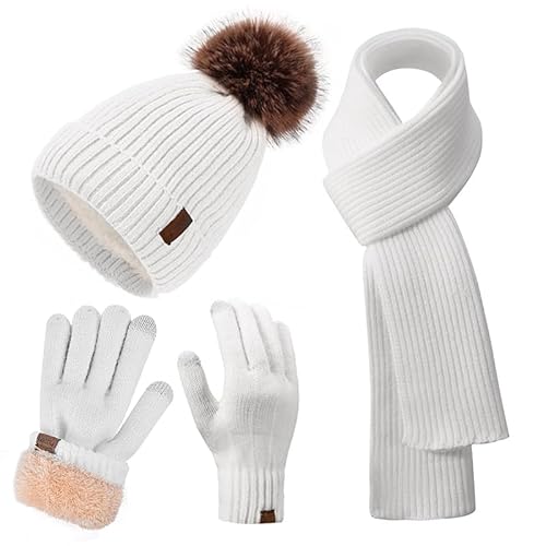 Winter Beanie Mütze Schal Handschuhe Set für Damen, Klassische Beanie mit Abnehmbarem Pom Pom Langer Schal Touchscreen Handschuhe 3 in 1 Set, Weiss/opulenter Garten, Einheitsgröße von FENELY
