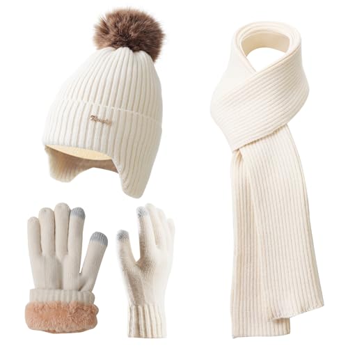 Winter Beanie Mütze Schal Handschuhe Set für Frauen Klassische Beanie mit abnehmbarem Pom Pom Lange Schal Touchscreen Handschuhe 3 in 1 Set, Beigefarbene Ohrenschützer, Einheitsgröße von FENELY