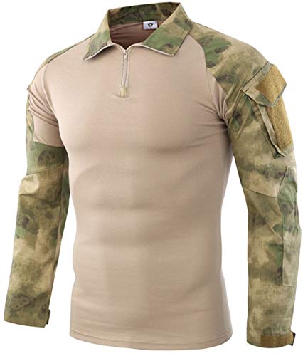 FENG Tactical Military Combat T-Shirt für Herren Langarm Slim Fit Camo Shirt Militäruniform Airsoft Zubehör Jagd Wandern (Ruin Green,S) von FENG