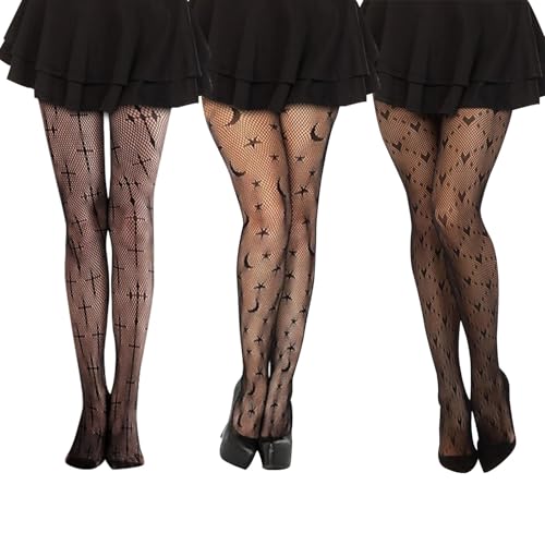 FENGCHUANG 3 Stücke Netzstrumpfhose Schwarz, Spinnennetz Hohe Taille Mesh Strumpfhosen Strümpfe, Damen Skelett Spinnennetz Leggings, Mode Strumpfhosen Netzstrümpfe für Halloween von FENGCHUANG
