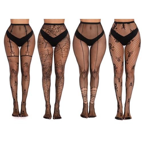 FENGCHUANG 4 Stücke Netzstrumpfhose Schwarz, Halloween Gemusterte Netzstrümpfe, Elastisch Hohe Taille Schenkelhohe Strümpfe Strumpfhosen für Damen Geeignet für Halloween, Rollenspiele, Kostümparty von FENGCHUANG