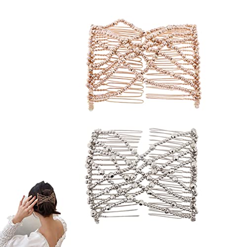 FENGHUNAYUE Perlen Haarspange Magic KäMme Beads Haarklammer Haarkamm Elastisch HaarkäMme Doppel Elastic Hair Clip für Damen Und MäDchen Diy Haar Styling Werkzeug,Dehnbar,2 StüCke von FENGHUNAYUE