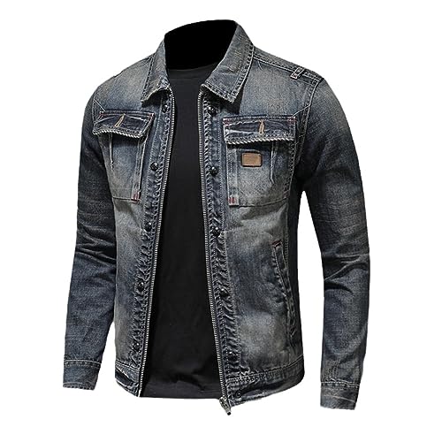 FENGJIAREN Jeansjacke Für Herren, Mode, Hübsche Persönlichkeit, Reißverschluss, Motorrad-Denim, Herren-Revers, Denim-Kleidung, Trend, Retro-Trucker, Schwarzer Jackenmantel, Herren-Jean von FENGJIAREN