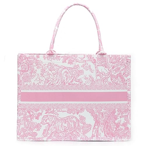 FENGJINRUHUA Mode Luxus Einkaufstasche Baumwolle Leinen Handtasche Große Kapazität Jacquard Stickerei Retro Exquisite, A-rosa, Large, Frauen Tote von FENGJINRUHUA