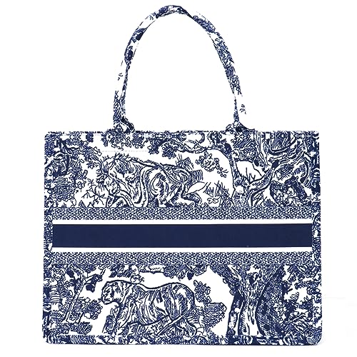 FENGJINRUHUA Modische Luxus-Tragetasche, Baumwoll-Leinen, Handtasche, großes Fassungsvermögen, Jacquard-Stickerei, Retro, exquisit, blau, Large von FENGJINRUHUA