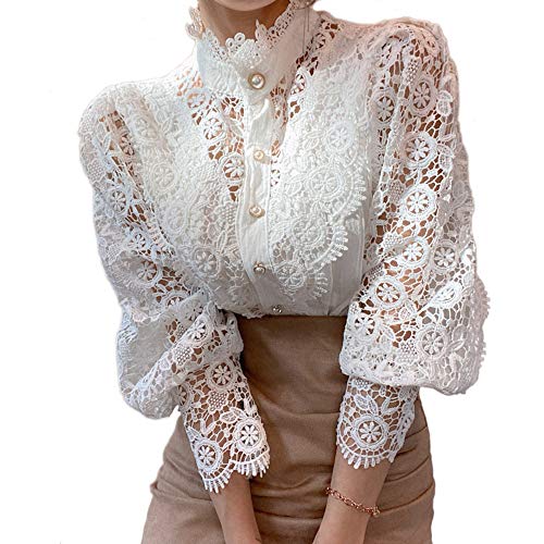 Damen Elegant Spitzenbesatz Shirts Casual Viktorianische Bluse Langarm Button Down Tops, Weiß, Mittel von FENGQIYUNHAI