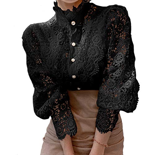 Damen Elegant Spitzenbesatz Shirts Casual Viktorianische Bluse Langarm Button Down Tops, schwarz, Klein von FENGQIYUNHAI