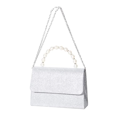 Clutch Glitzer Clutch Silber Handtasche Kleine Abendtasche Damen Kettentasche Frauen Umhängetasche Crossbody Bag Tasche Brauttasche Clutch-Handtaschen mit Kette Glitzer Handtasche mit Perlenhenkeln von FENGQQKJ