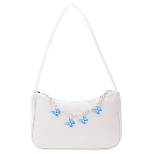 FENGQQKJ Handtasche Damen Kleine Umhängetasche mit Schmetterlingskette PU-Leder Schultertasche Weiß Modische Lässige Tasche Coole Taschen Teenager Mädchen Mini Handtasche Hand Bag für Damen von FENGQQKJ