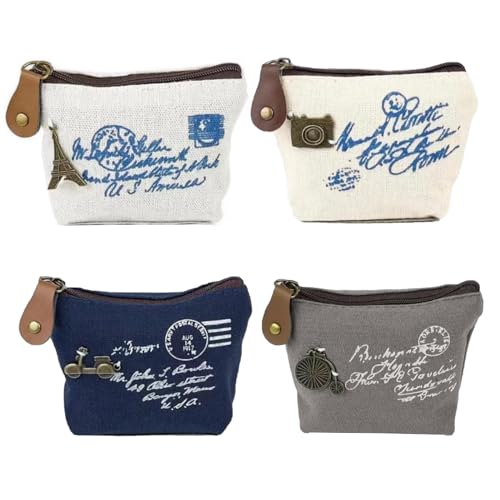 Kleingeldbörse Münzgeldbeutel Münzbeutel Mini Geldbeutel Canvas Damen Kleine Kosmetiktasche Vintage Geldbörse mit Reißverschluss für Kleingeld Aufbewahrung, Schlüssel 4 Stück von FENGQQKJ