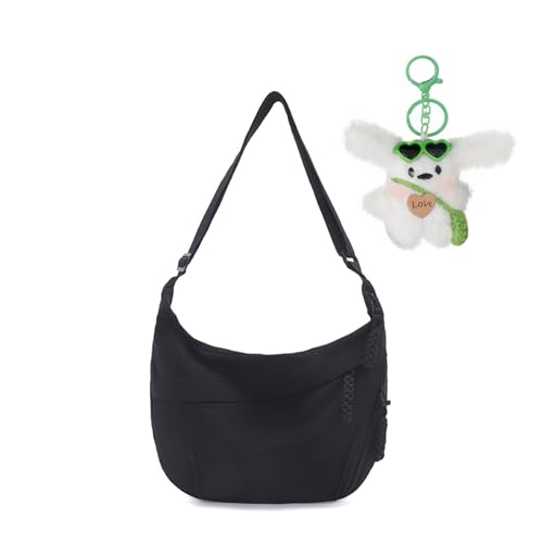 Halbmond Tasche Nylon Crossbody Bag Damen Umhängetasche Schultertasche Groß Nylon Crossbag Schwarz Schultertaschen Lässige Umhängetaschen Mode Bauchtasche mit Dekorativem Anhänger für Alltag Arbeit von FENGQQKJ