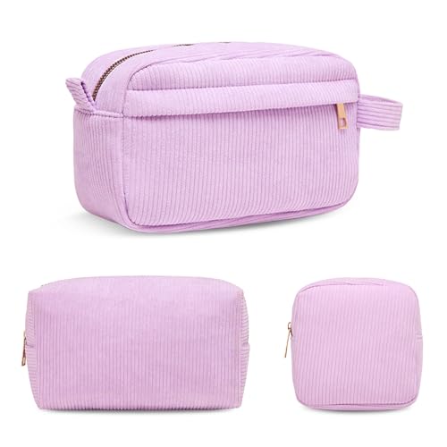 Schminktasche Mädchen Cord Kosmetiktasche Kulturbeutel Damen Klein Make Up Tasche Beautycase Schminkkoffer Waschtasche Kosmetikbox Travel Cosmetic Bag Lippenstifttasche Organizer Lila 3 Stück von FENGQQKJ
