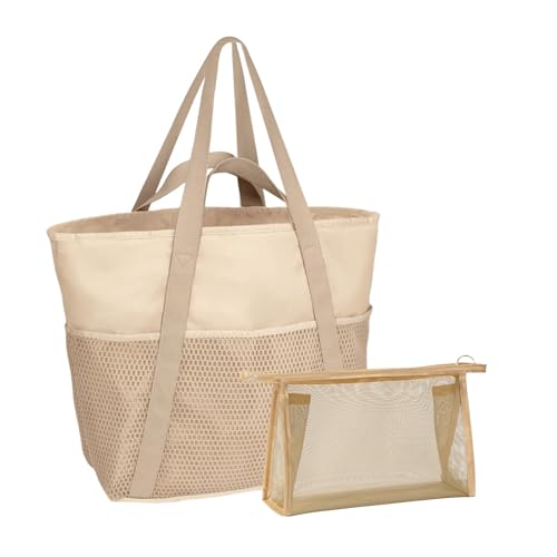 Strandtasche XXL mit Reißverschluss Familie Strandtaschen Netz Mesh Große Strand Tasche Damen Saunatasche Handtaschen Badetasche Einkaufstasche Netztasche Beach Bag Sommertaschen mit 1 Kosmetiktasche von FENGQQKJ