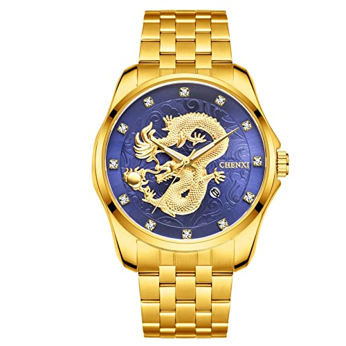 FENKOO Chinesischer Stil Herren Business Quarzuhr Drachen Totem geprägter Kalender wasserdichtes Stahlband Herrenuhr (Farbe : Blau) von FENKOO