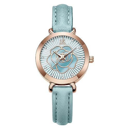 FENKOO Damen Modeuhr Quartz Leder Band Armbanduhr/Blume Cyan von FENKOO