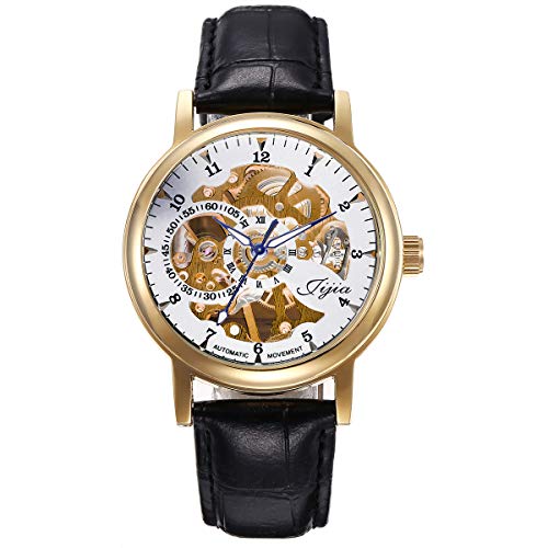 FENKOO Damen Totenkopfuhr Mechanischer Handaufzug Leder Band Armbanduhr Schwarz von FENKOO