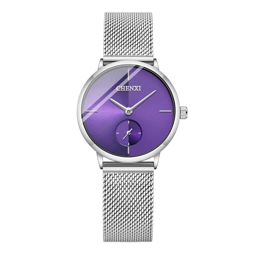 FENKOO Damenuhren Stahl Mesh Band ultradünne Mode Quarzuhren Damenuhren Armbanduhr (Farbe : Purple) von FENKOO