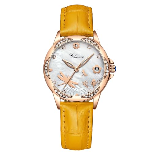 FENKOO Frauen Mode Wasserdicht Quarz Uhren Diamanten Kalender Rose Gold Uhr Relogios Feminino (Farbe : Gelb) von FENKOO