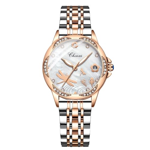 FENKOO Frauen Mode Wasserdicht Quarz Uhren Diamanten Kalender Rose Gold Uhr Relogios Feminino (Farbe : Rose Gold Steel) von FENKOO