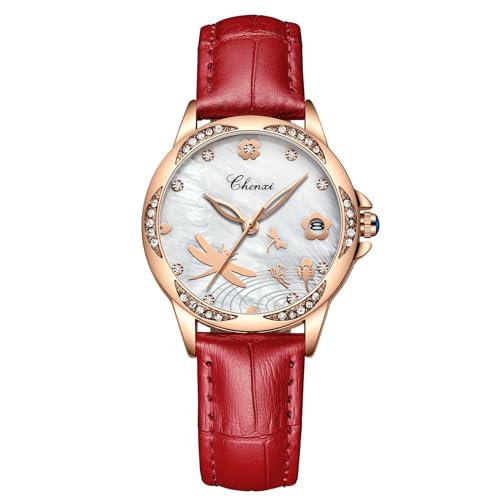 FENKOO Frauen Mode Wasserdicht Quarz Uhren Diamanten Kalender Rose Gold Uhr Relogios Feminino (Farbe : Rot) von FENKOO