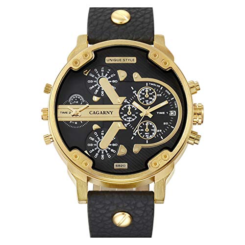 FENKOO Herren-Armbanduhr 6820 Dual Time Zone Japanische Bewegungs-Quarz-Uhren, Lederband Uhren for Männer Gold- (Farbe : Black) von FENKOO