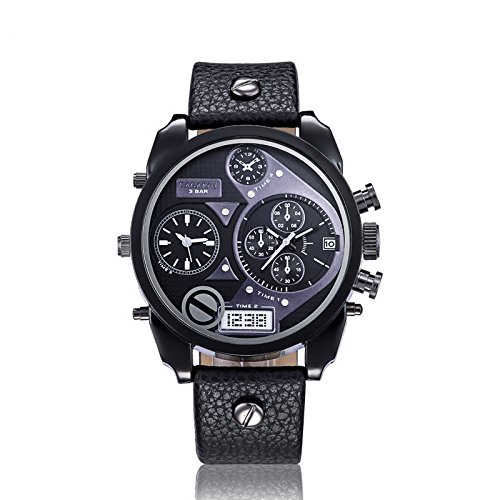 FENKOO Herren Armbanduhr Quartz LED/DREI-Zeit-Zonen Leder Band Schwarz/Weiß/Braun Marke- von FENKOO