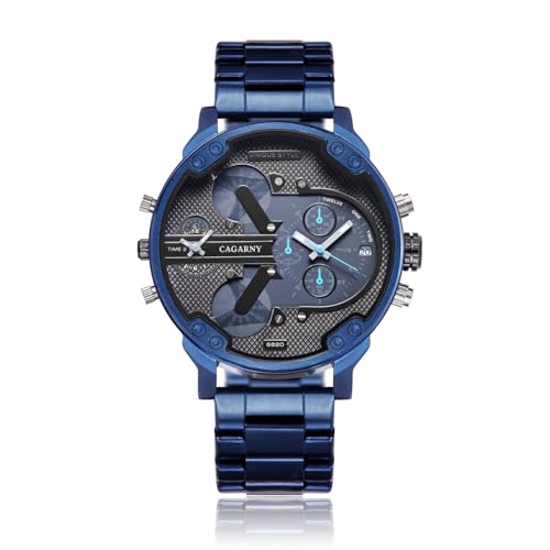 FENKOO Herren Armbanduhren Militäruhren 6820 Goldene Dual Time Zone Edelstahluhr Japanisches Uhrwerk Quarzuhren von FENKOO