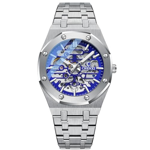 FENKOO Herren Automatikuhren Mechanisch Tourbillon Sport-Armbanduhr Edelstahl Wasserdicht Business Herrenuhren (Farbe : Silber Blau) von FENKOO