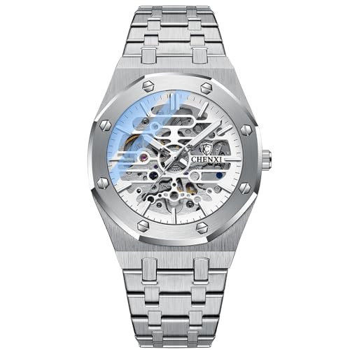 FENKOO Herren Automatikuhren Mechanisch Tourbillon Sport-Armbanduhr Edelstahl Wasserdicht Business Herrenuhren (Farbe : Silber Weiss) von FENKOO