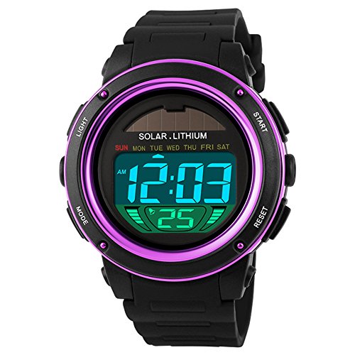 FENKOO Herren Beobachten digital Sportuhr LED/Kalender/Chronograph/Wasserdicht/Alarm/Solar/Sportuhr PU Band Armbanduhr (Lila) von FENKOO