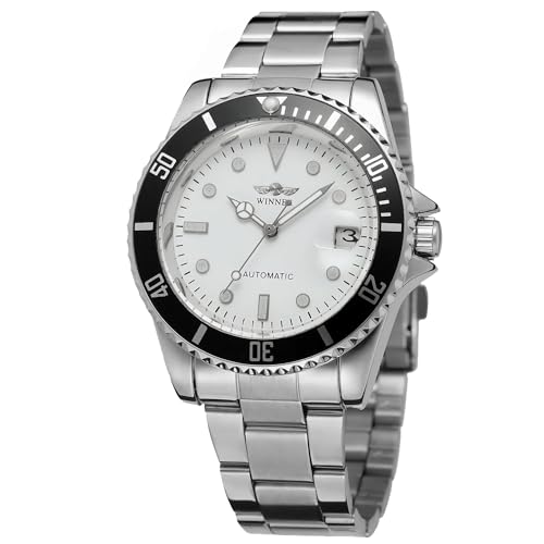 FENKOO Herren Kleideruhr Automatikaufzug Kalender Edelstahl Band Armbanduhr Silber von FENKOO