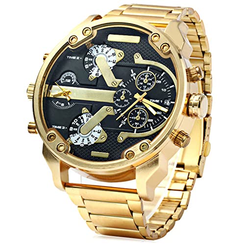 FENKOO Herren Militäruhr Quartz Kalender/Duale Zeitzonen Edelstahl Band Armbanduhr Gold von FENKOO