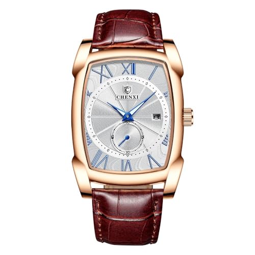 FENKOO Herren Quarz Quadrat Uhr Business Wasserdicht Zeiger Datum Lederband Armbanduhren für Männer Geschenk (Farbe : Weiß) von FENKOO